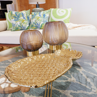 Chevron Glass Candle Holder, Brown/Gold, Glass 7"