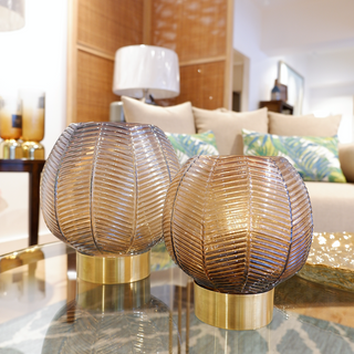 Chevron Glass Candle Holder, Brown/Gold, Glass 7"