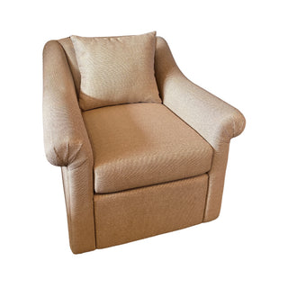 A beige upholstered armchair with a matching back cushion, shown on a plain white background.