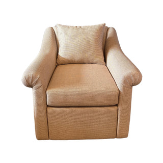 A beige upholstered armchair with a matching back cushion, featuring rolled arms and a textured fabric, shown against a plain white background.