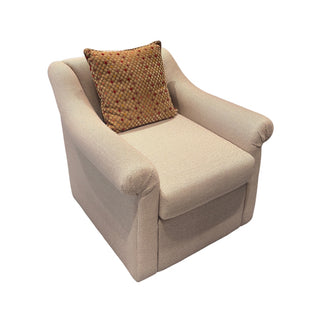 A beige upholstered armchair with rolled arms and a patterned throw pillow, shown on a plain white background.
