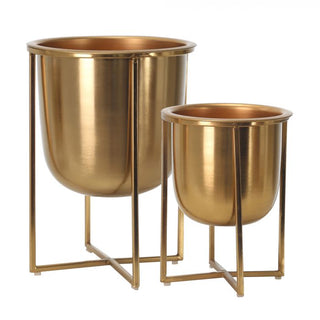 Gold Metal Planters On Stand 13"/10"H, S/2