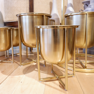 Gold Metal Planters On Stand 13"/10"H, S/2