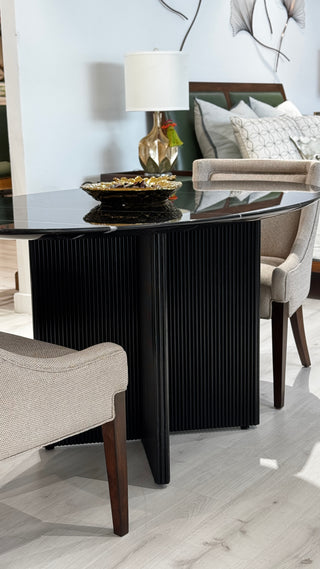 Benson Oval Dining Table with Reeded X-Base and Stone Top