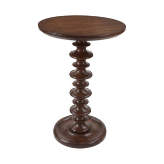 Wooden side table with a round top and detailed pedestal base on a white background
