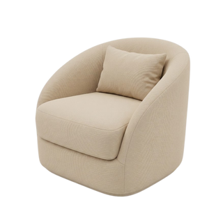 A modern barrel-style accent chair upholstered in a textured light beige fabric, featuring a matching throw pillow, shown on a solid white background.