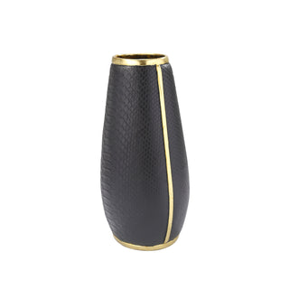 Black Snake Skin Vase, Gold Trim 14.5"