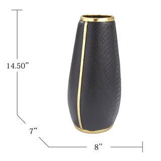 Black Snake Skin Vase, Gold Trim 14.5"