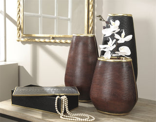 Black Snake Skin Vase, Gold Trim 18.5"